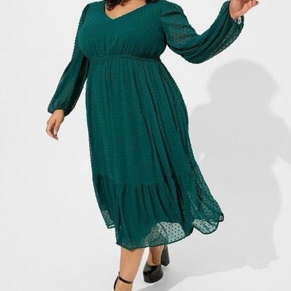 Torrid Clip Dot Vee Neck Fit & Flare Midi Dress Ruffle Hem 3X New With Tags! - Picture 1 of 7